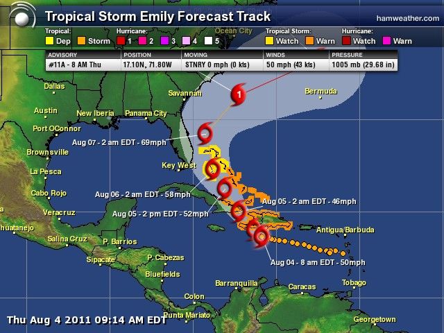 Tormental tropical Emily. Foto: Hamweather.com