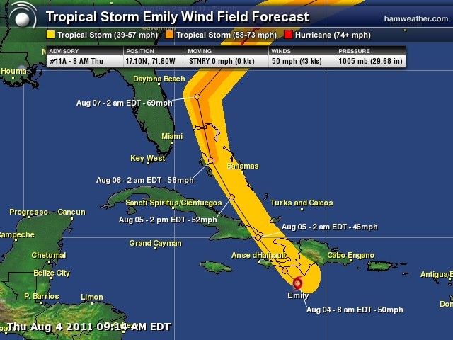 Tormental tropical Emily. Foto: Hamweather.com