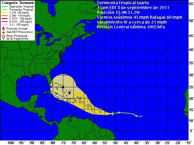 Cono de probabilidades de la Tormenta Tropical Maria. Foto: Weather Underground