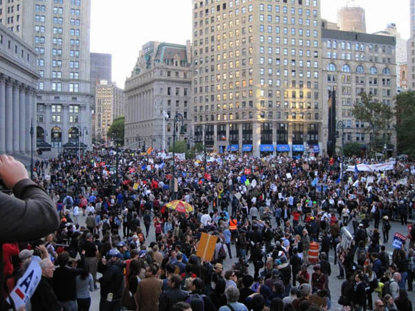 Protesta que congregó a sindicatos en Foley Square el 5 de octubre
